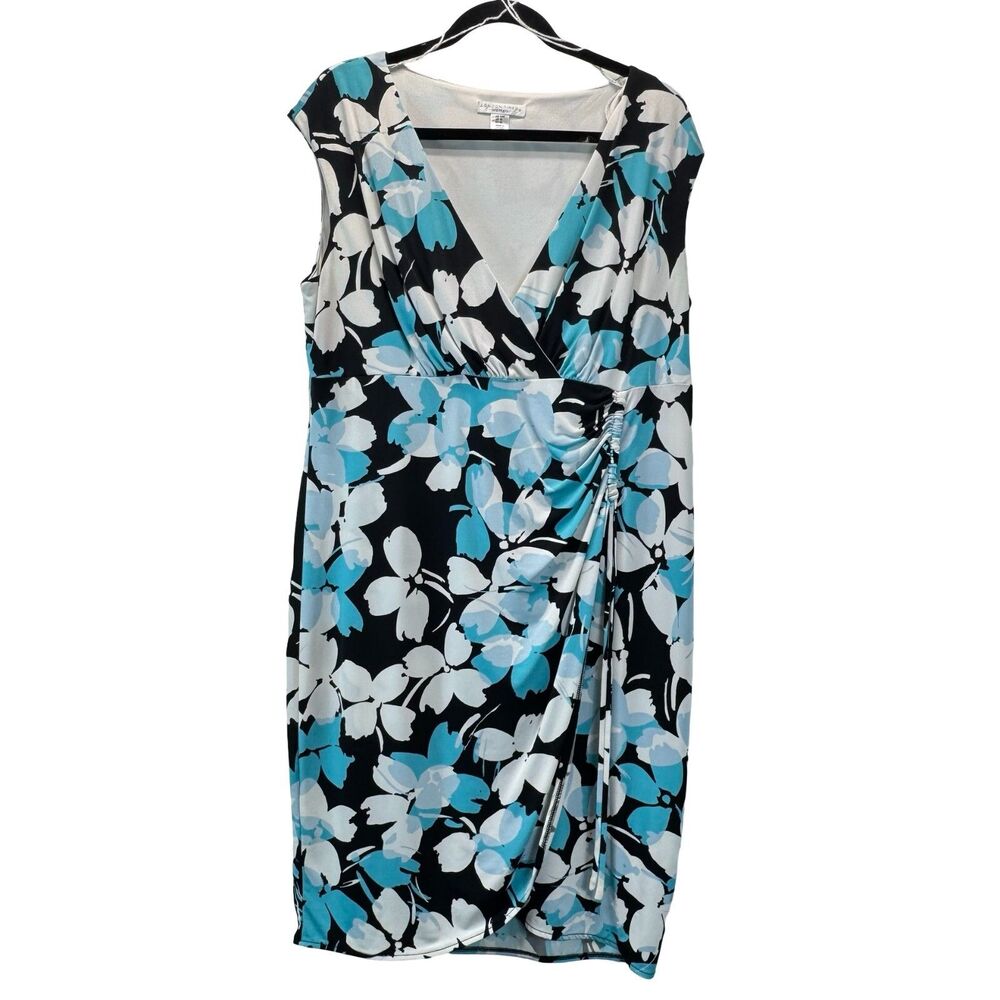 London Times Women's Blue & White Floral  Midi Length Dress Plus Size 14 W